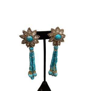 Earrings prego Turquoise beads & crystals vintage - new with tags clip